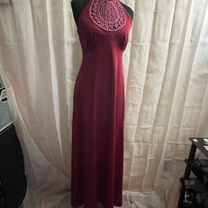 Red Halter Maxi Dress with Embellished Bib Collar